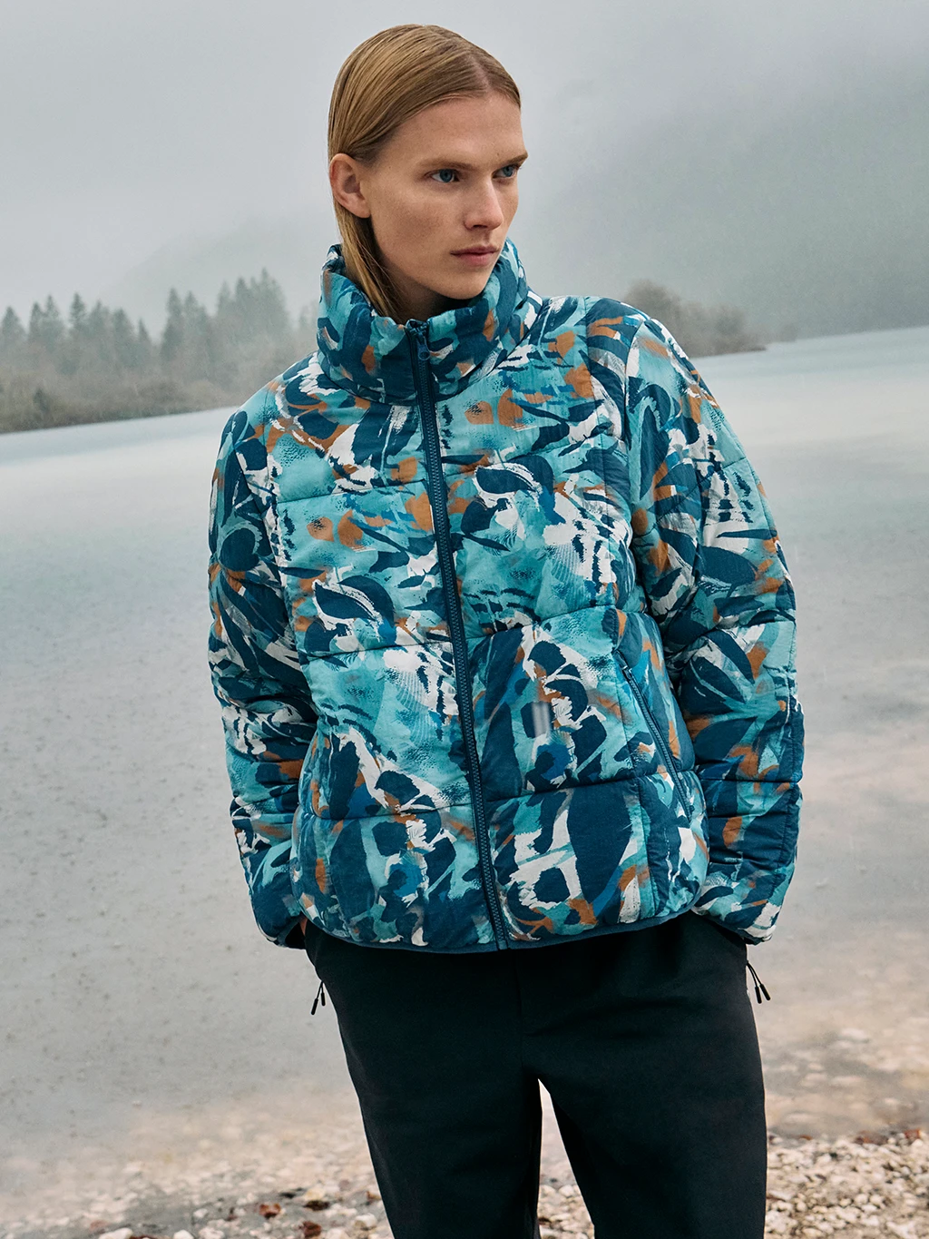 Abstract Puffer Jacket for Bold Outdoor Activity — Winter Workout Outfits
