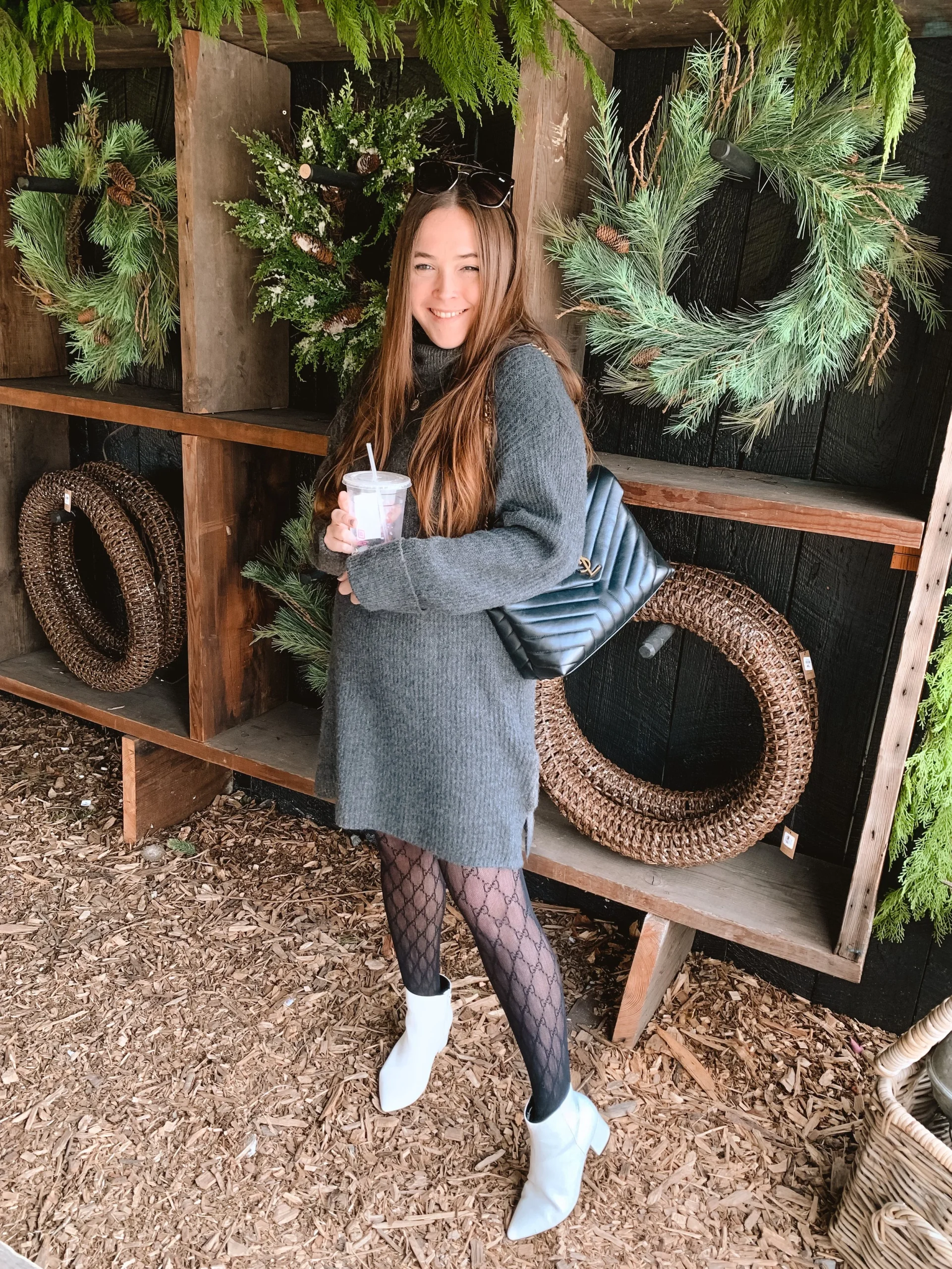 Patterned Black Tights with a Grey Sweater Dress and White Boots Patterned Black Tights with a Grey Sweater Dress and White Boots — Tights Outfits