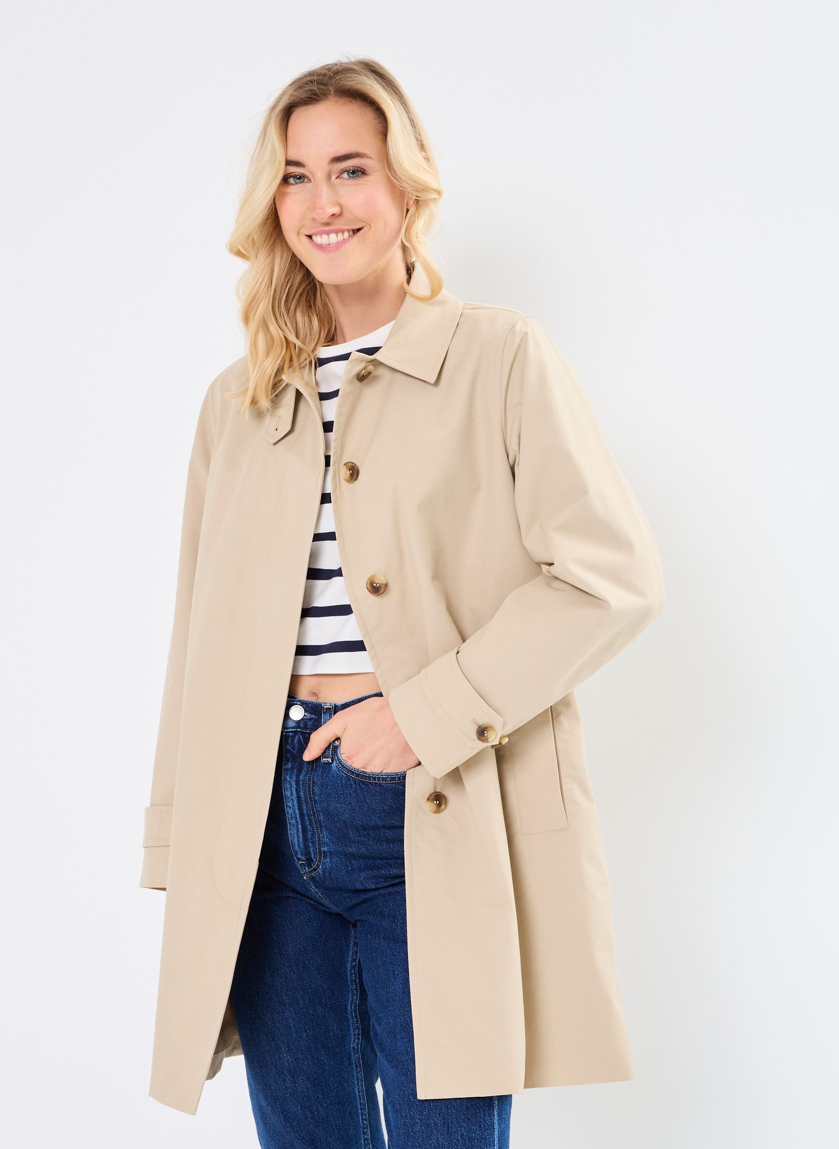Everyday Classic: Beige Car Coat with Stripes and Denim — Car Coat Outfits
