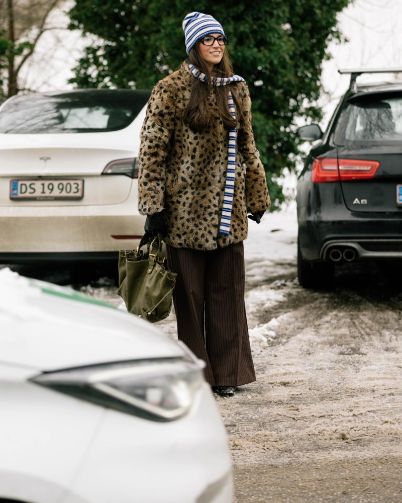 Bold Leopard Coat and Ribbed Trousers: Playful Winter Layers — Scandinavian Winter Outfits