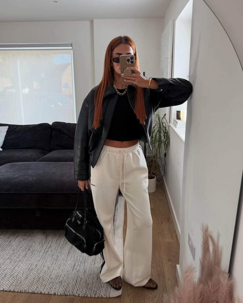 Cream Wide-Leg Sweatpants with Leather Jacket — Sweatpants Outfits