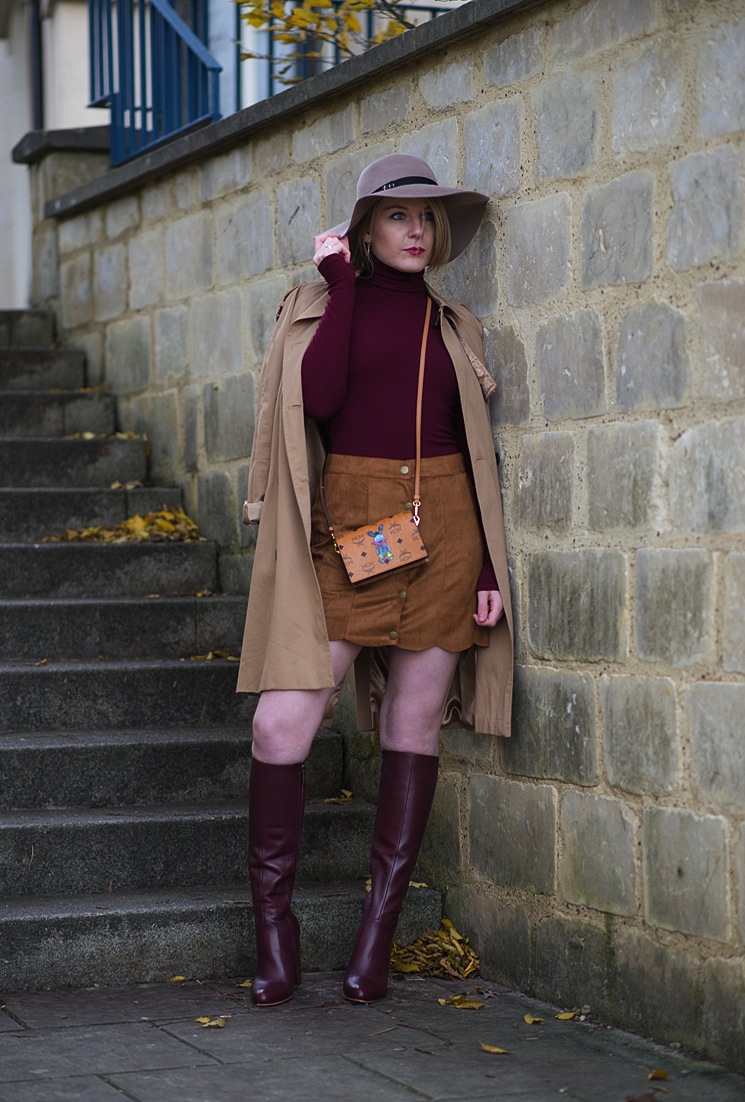 Trench Coat and Scalloped Skirt with Burgundy Boots — Knee High Boots Outfits