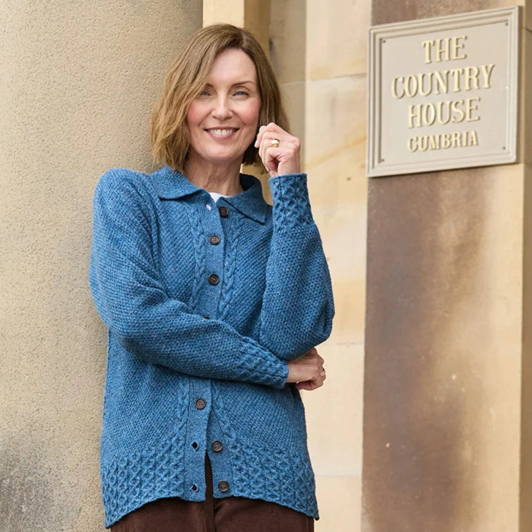 Textural Interest: Blue Cable-Knit Cardigan — Winter Outfits for Women Over 40