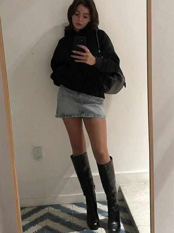 Casual Denim Mini Skirt with Dark Grey Over-the-Knee Boots Casual Denim Mini Skirt with Dark Grey Over-the-Knee Boots — Over the Knee Boots Outfits
