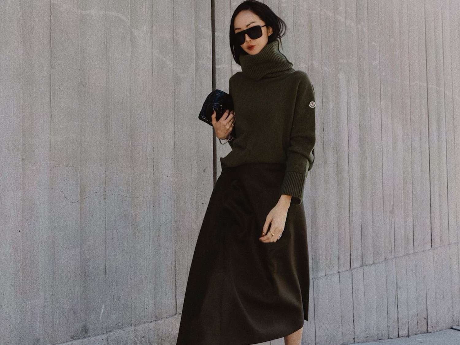 Olive Green Turtleneck with Flowing Skirt — Cold Weather Outfits