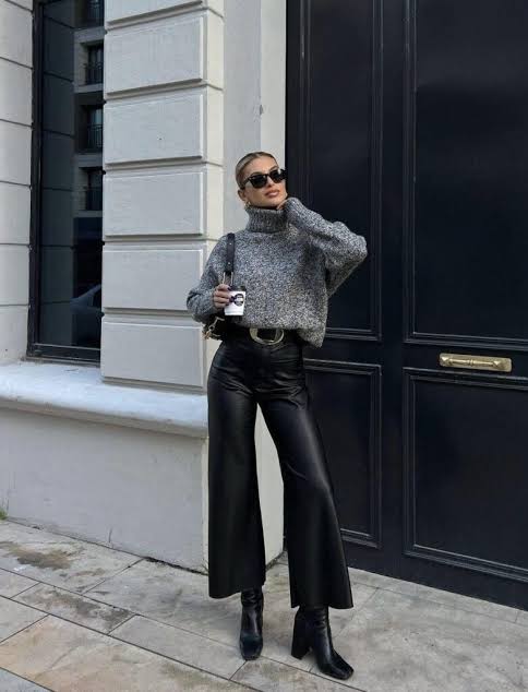 Oversized Grey Turtleneck with Faux Leather Wide-Leg Pants — Winter Date Night Outfits