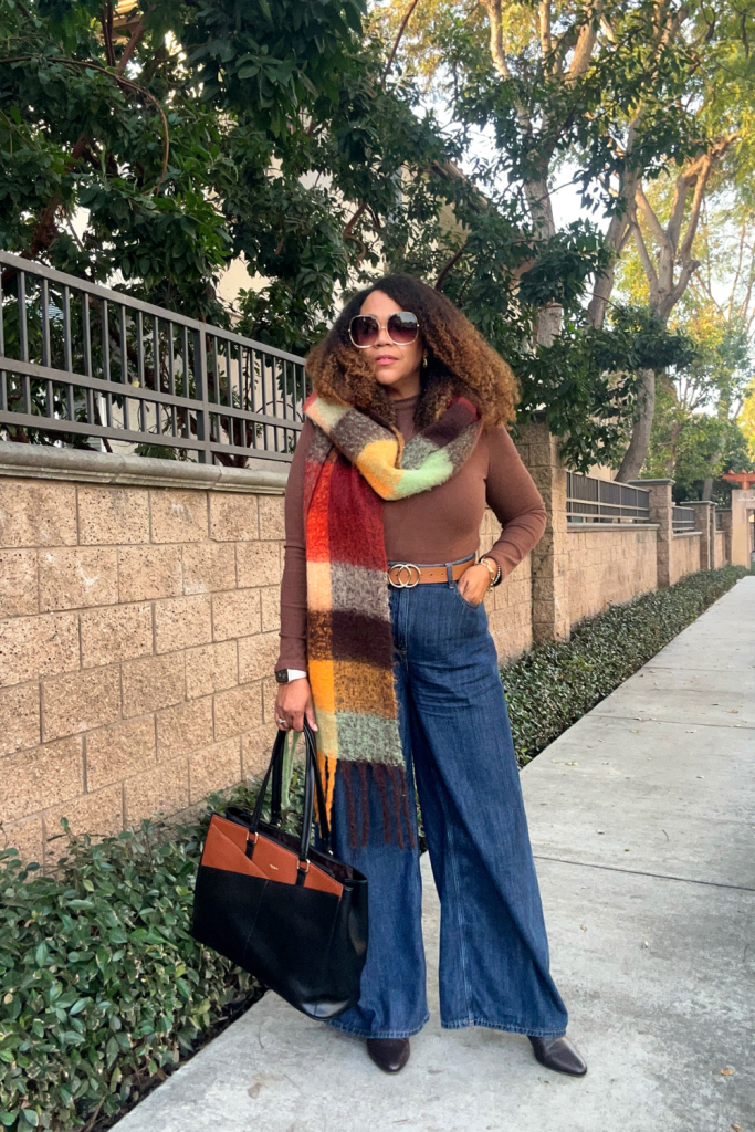 Cozy Brown Knit and Denim with an Oversized Plaid Scarf Statement — Cute Winter Outfits