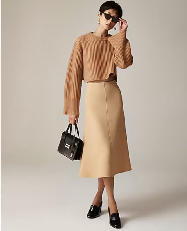Tan A-Line Midi Skirt with Cropped Knit Sweater — Winter Skirt Outfits