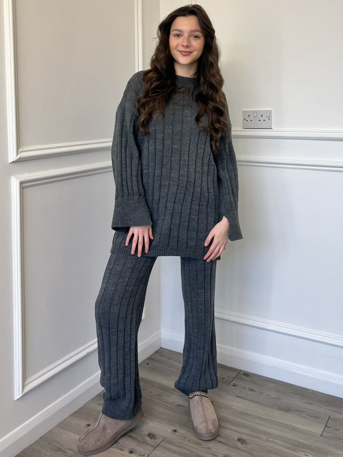 Dark Grey Ribbed Knit Oversized Sweater and Relaxed Pants — Knit Set Outfits