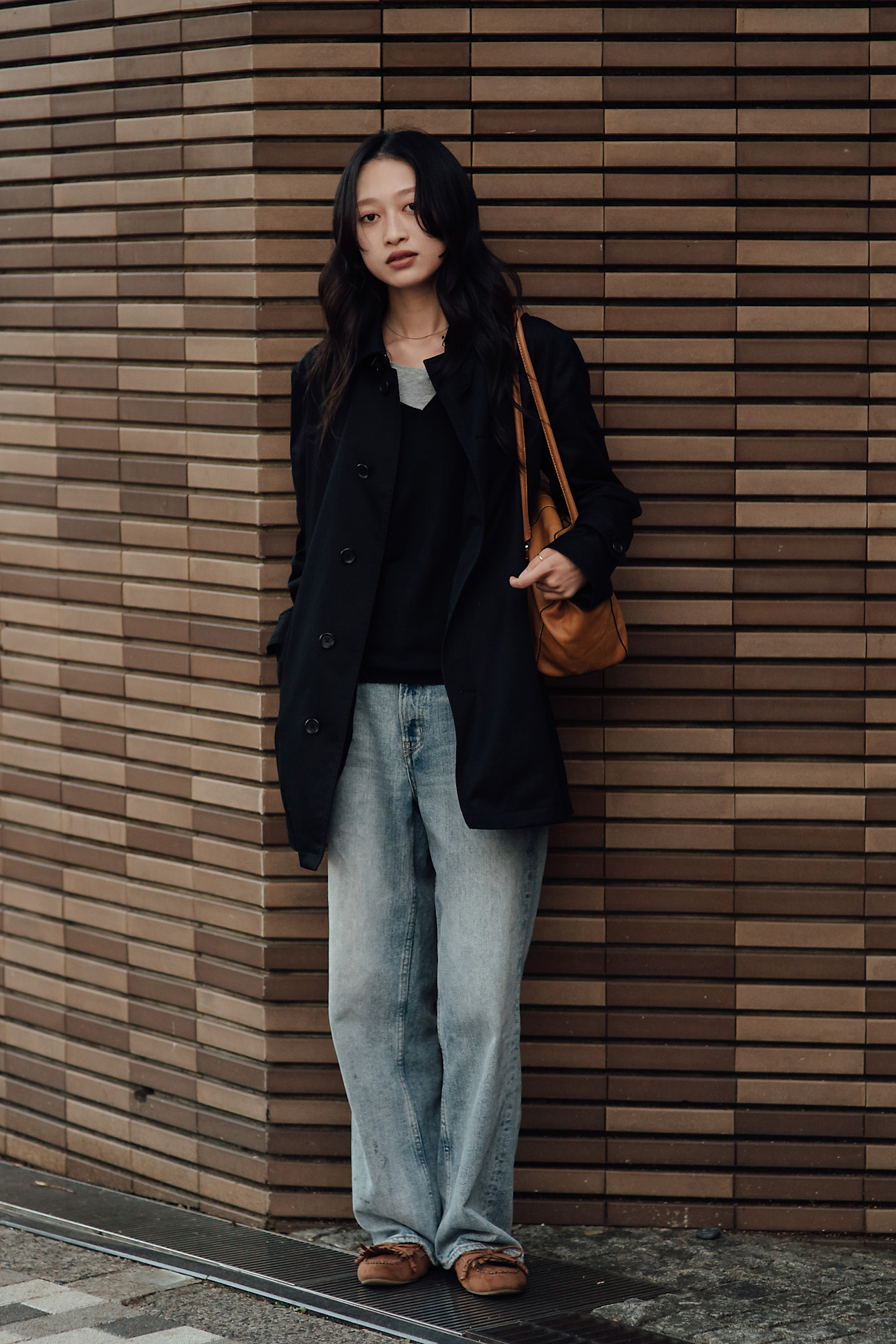 Oversized Trench Coat over Relaxed Denim — Japan Winter Outfits