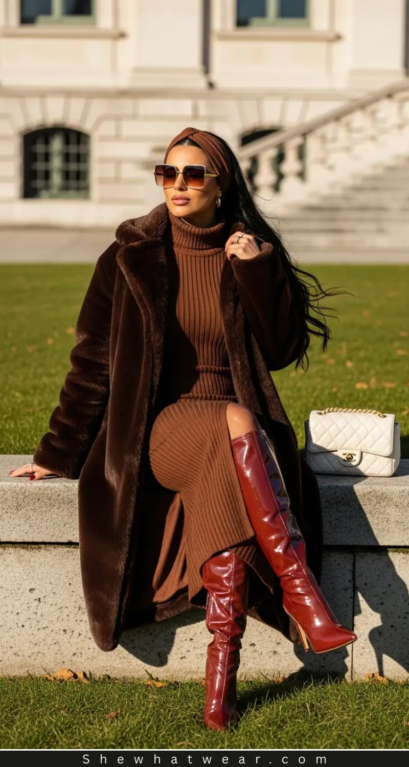 Striking Red Patent Boots with Monochromatic Brown Ensemble — Riding Boots Outfits