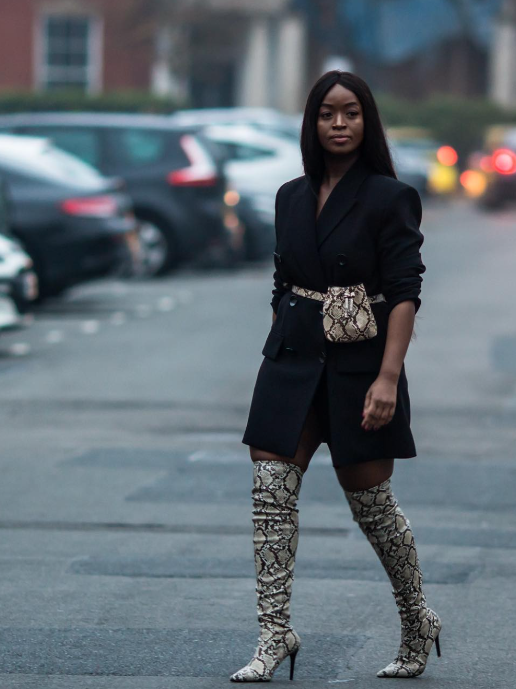 Leather Boots with Turtleneck Dress and Oversized Blazer — Knee High Boots Outfits