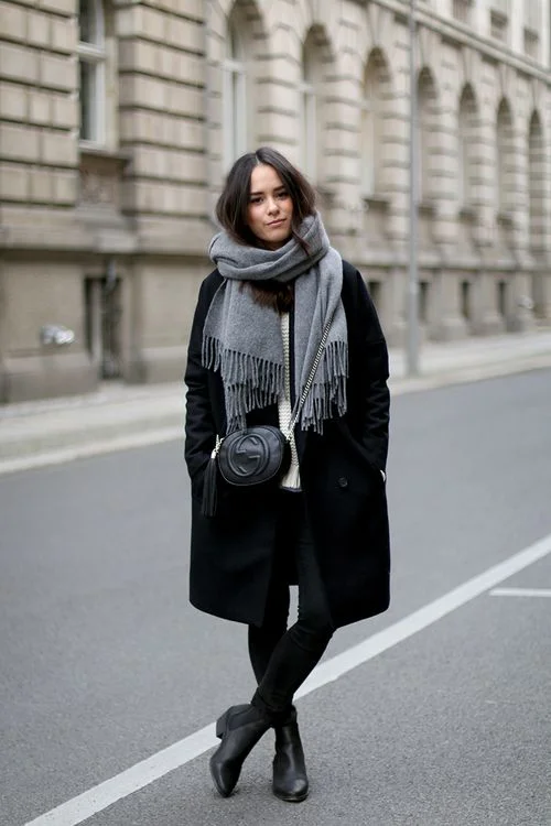 Classic Black Wool Coat Paired with a Statement Fringed Scarf — Italy Winter Outfits