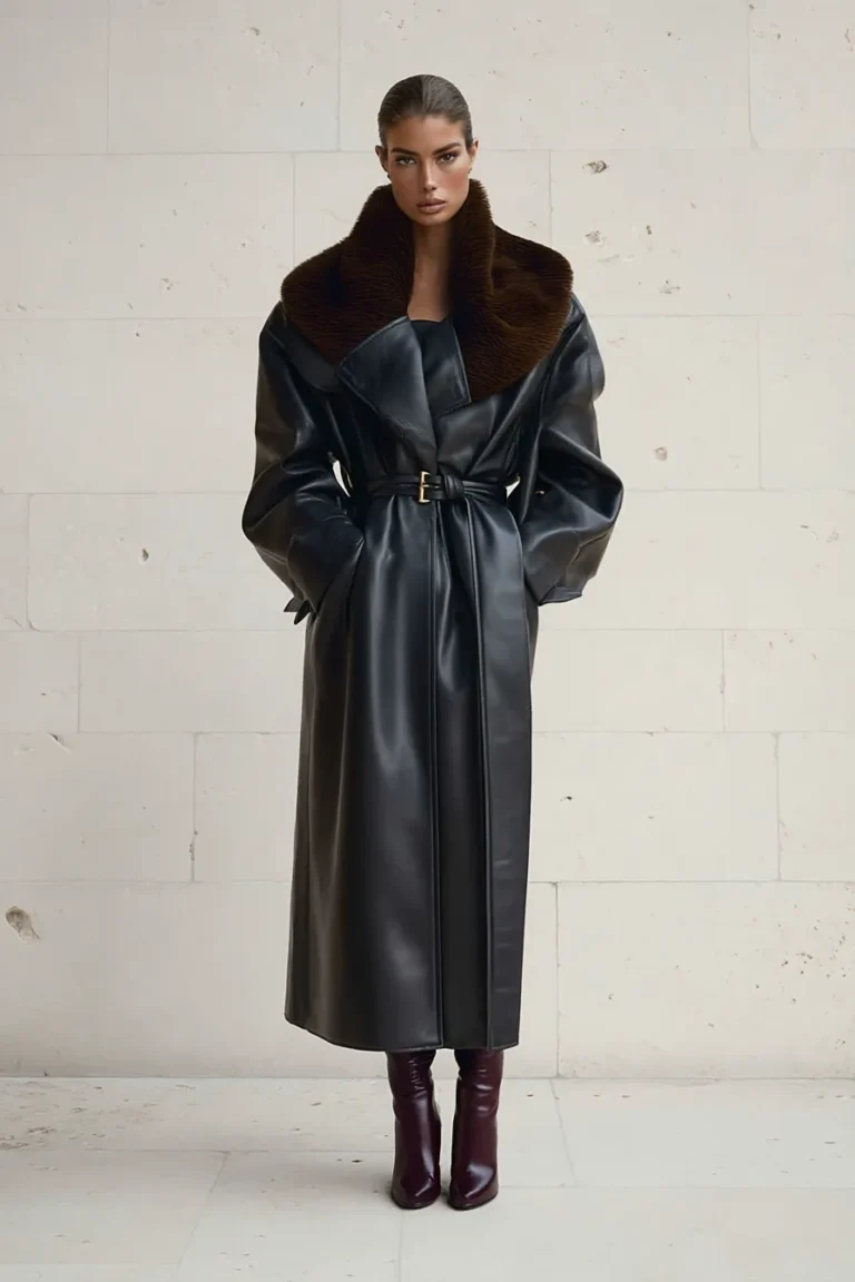 Leather Trench Coat with Fur Collar Leather Trench Coat with Fur Collar — Minimalist Winter Outfits