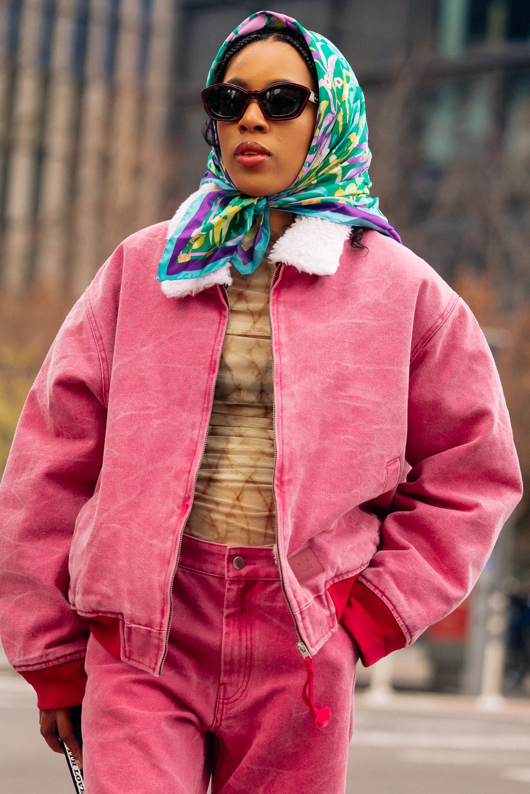 Bold Pink Denim Bomber with Shearling Collar — Warm Winter Outfits