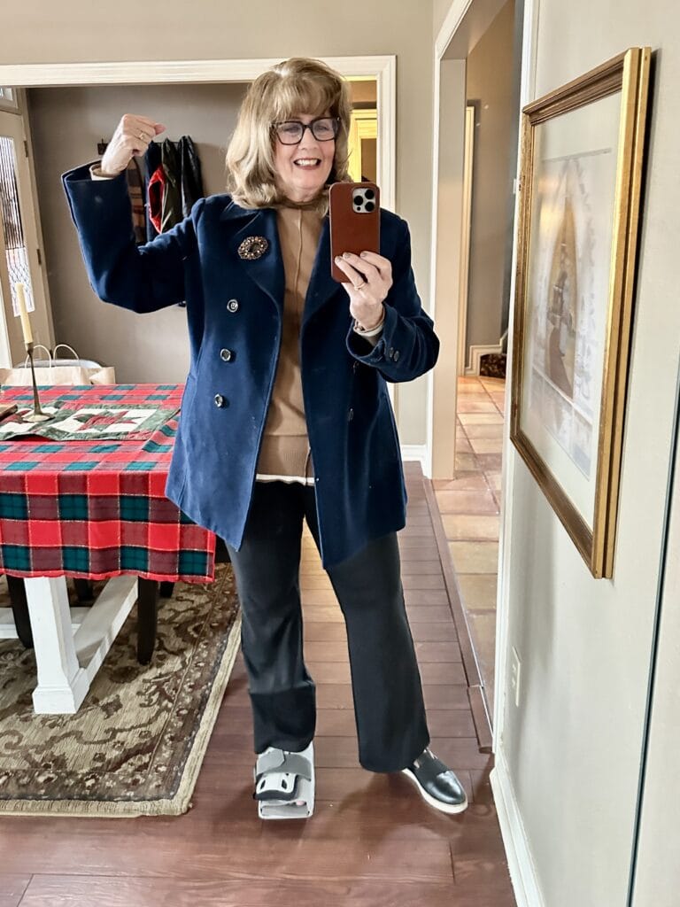 Velvet Navy Coat Over Sweater and Trousers for Casual Winter — Winter Outfits for Women Over 50