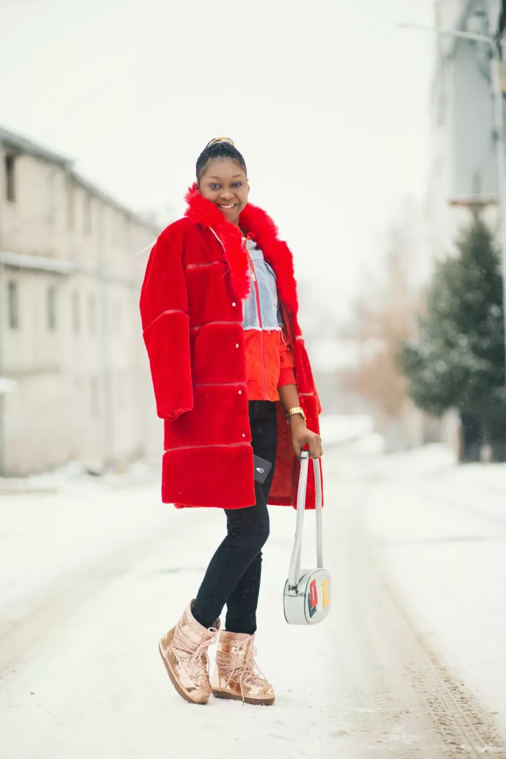 Bold Layers: Red Faux Fur Over Puffer with Slim Pants — Baddie Winter Outfits