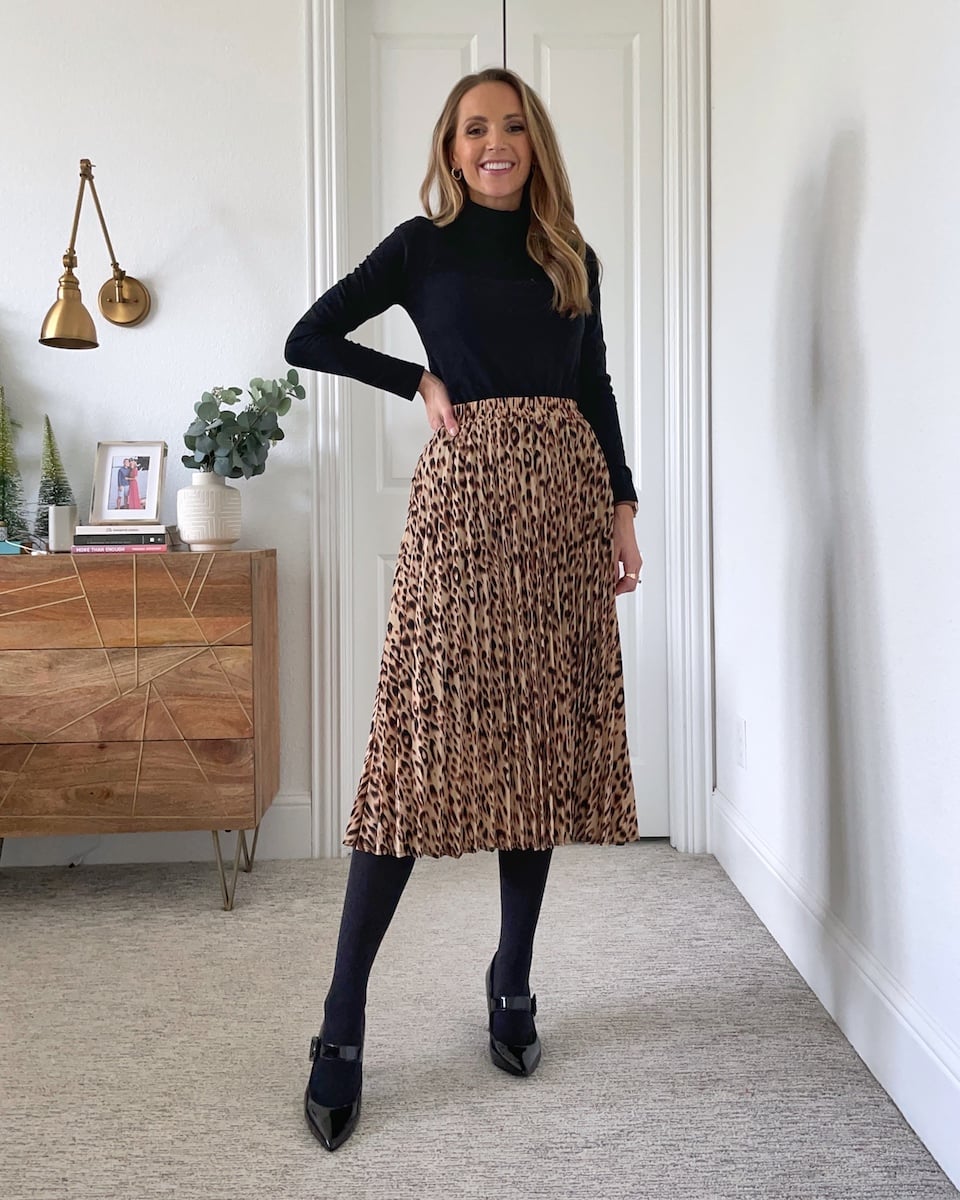Leopard Print Midi Skirt with a Turtleneck for Winter Church Attire Leopard Print Midi Skirt with a Turtleneck for Winter Church Attire — Winter Church Outfits