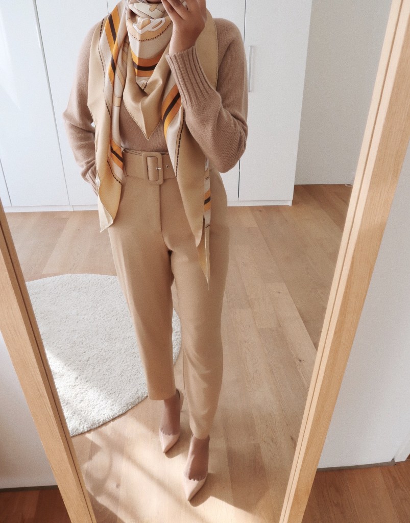 Intricately Patterned Silk Scarf for a Monochromatic Chic Look — Scarf Outfits