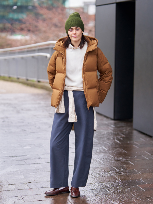 Oversized Brown Parka Layered with White Hoodie — Parka Outfits