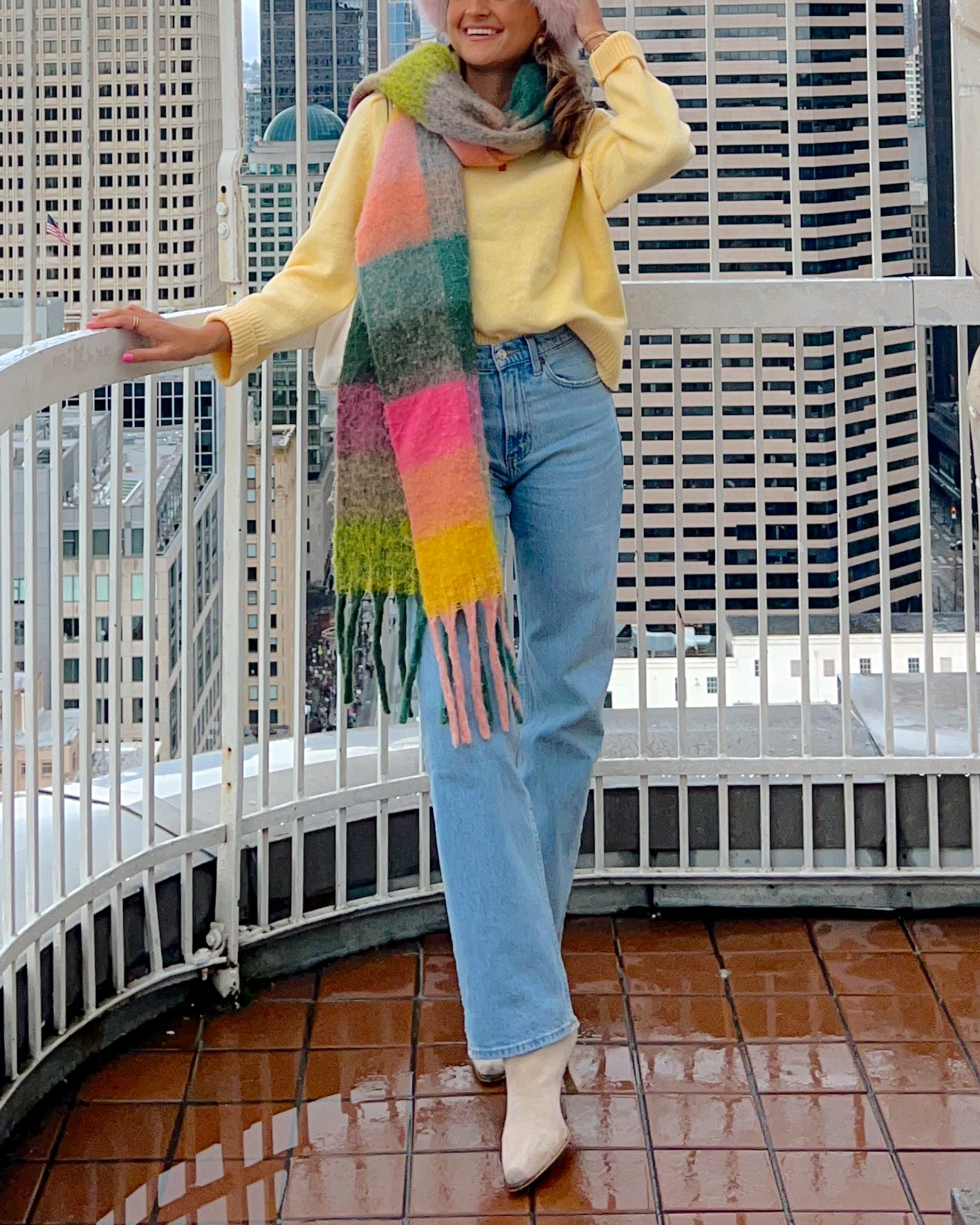 Cozy Cream Fluffy Jacket with Red and Navy Ski-Inspired Ensemble — Colorful Winter Outfits