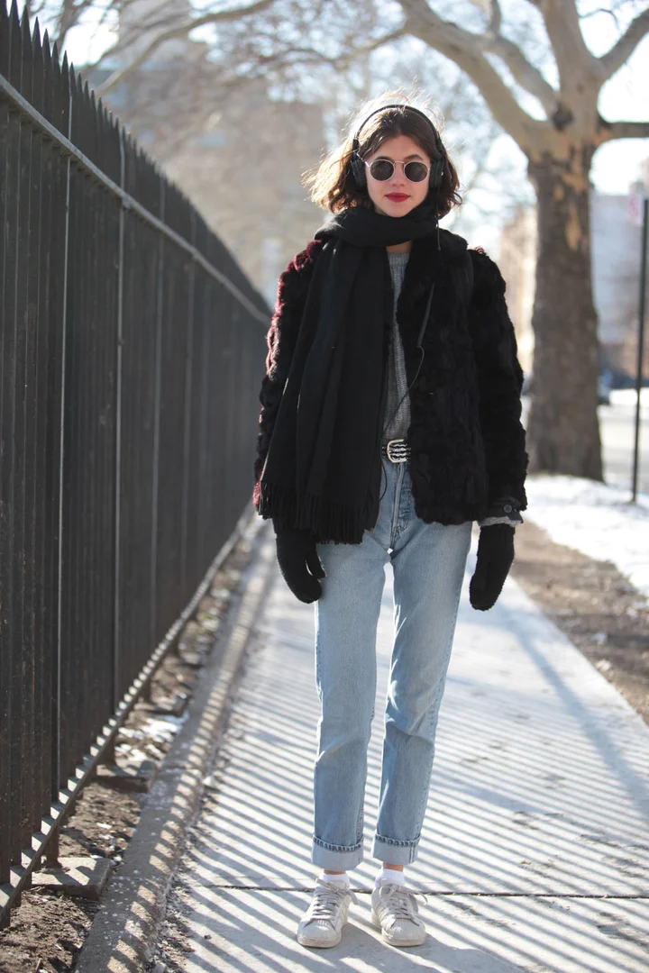 Textured Furry Jacket Over Casual Denim and Sweater — NYC Winter Outfits