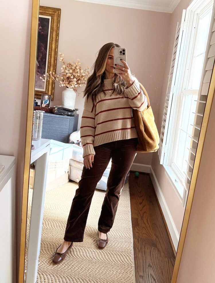 Striped Knit Sweater with Brown Corduroy Pants — Winter Outfits