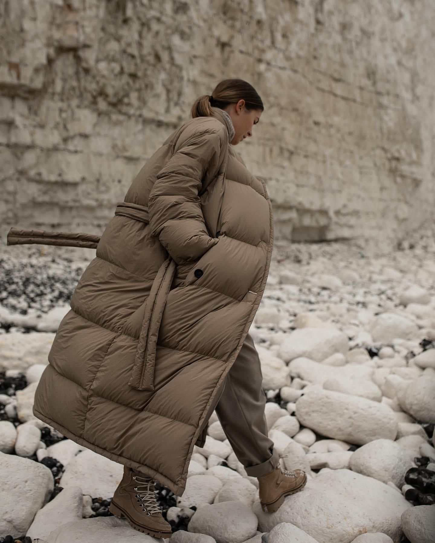 Extra-Long Beige Puffer Coat for an Elongated Silhouette Extra-Long Beige Puffer Coat for an Elongated Silhouette — Winter Puffer Jacket Outfits