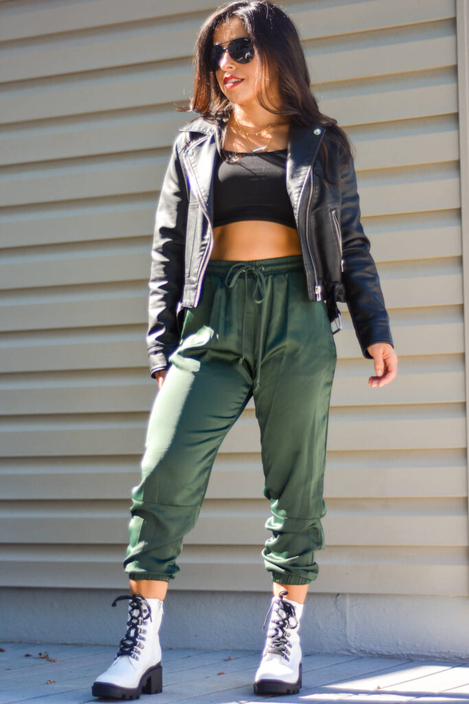 White Combat Boots with Joggers and Moto Jacket White Combat Boots with Joggers and Moto Jacket — Combat Boots Outfits