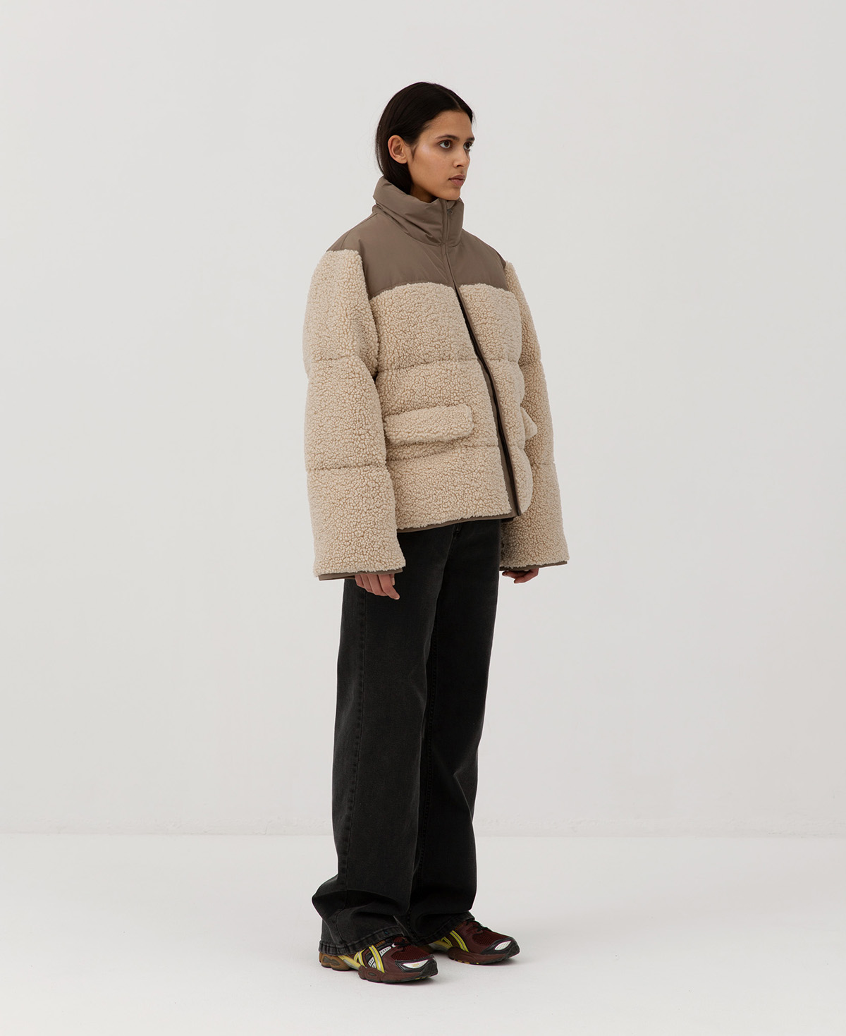 Sherpa Puffer Jacket with Wide-Leg Jeans: Casual Winter Comfort — Scandinavian Winter Outfits