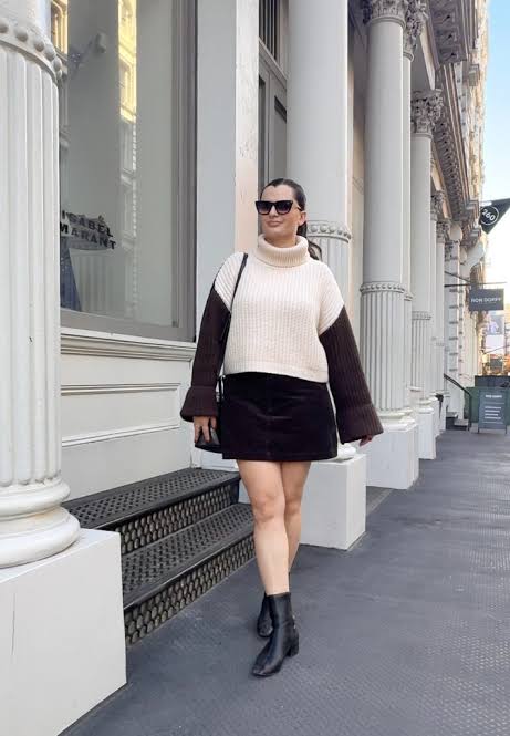 Two-Tone Knit Sweater with Corduroy Mini Skirt and Ankle Boots — Fall to Winter Outfits