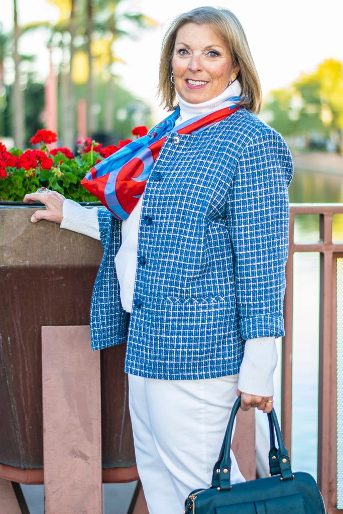 Chic Checked Blazer with a Bold Scarf Accent — Winter Outfits for Women Over 60