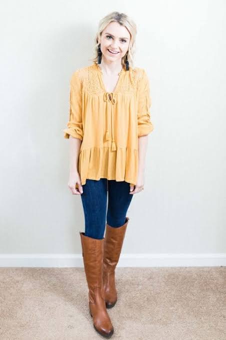 Bohemian Charm: Brown Boots with Peasant Blouse — Riding Boots Outfits
