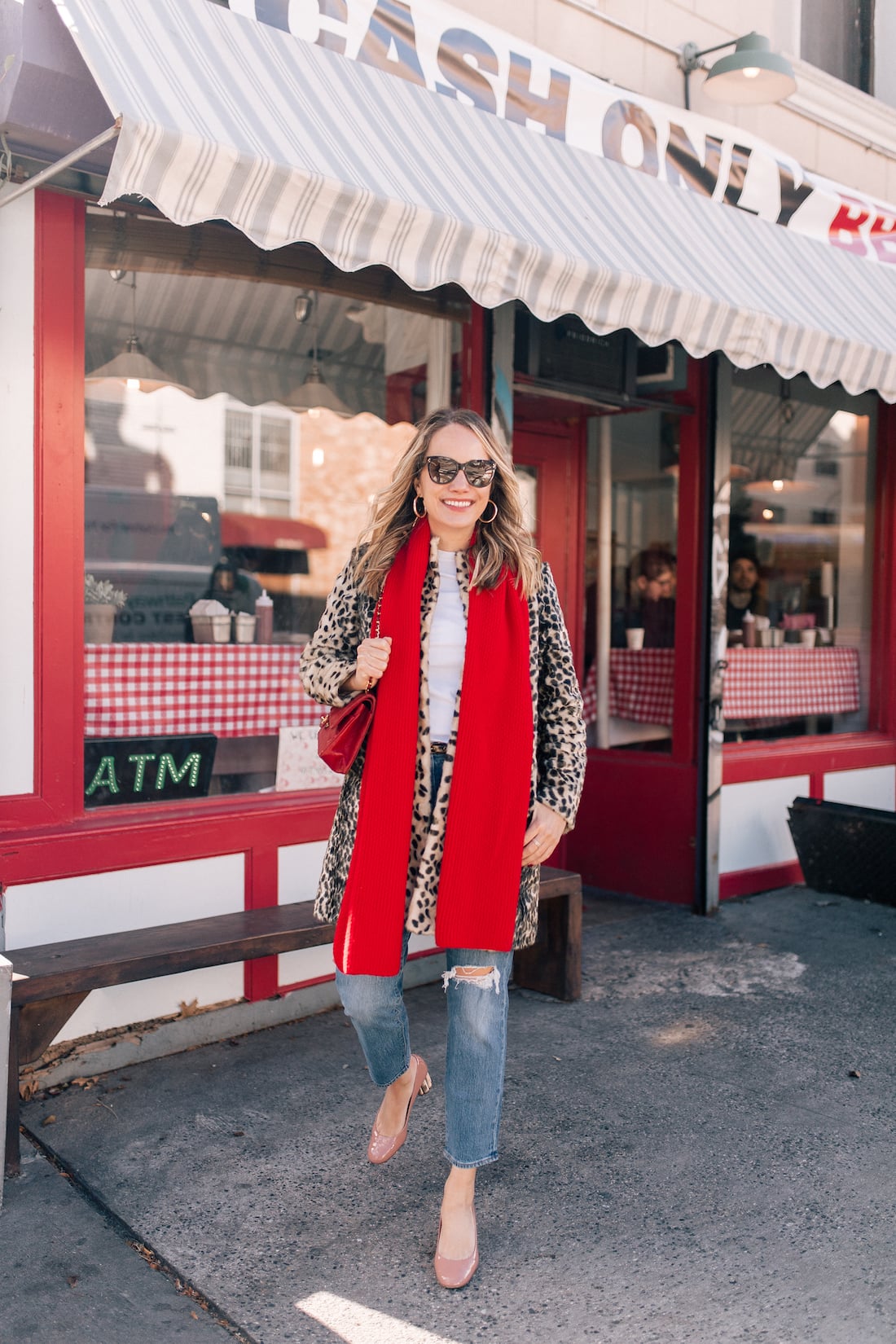 Casual Leopard Coat with Red Scarf and Ballet Flats Casual Leopard Coat with Red Scarf and Ballet Flats — Leopard Coat Outfits