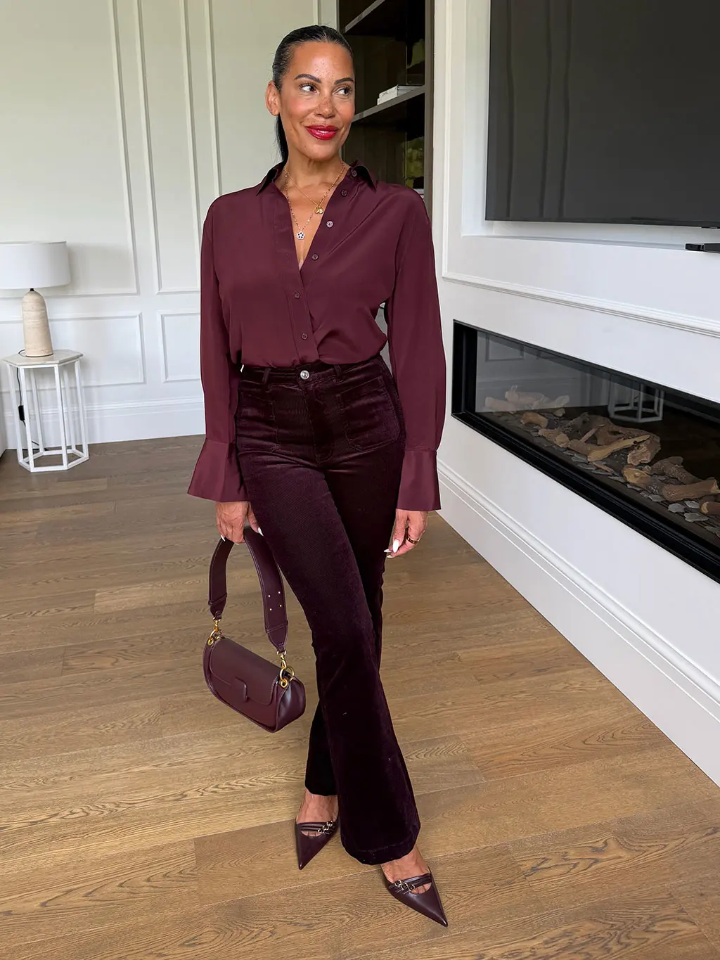 Oversized Burgundy Blazer Layered Over Grey and White — Burgundy Outfits