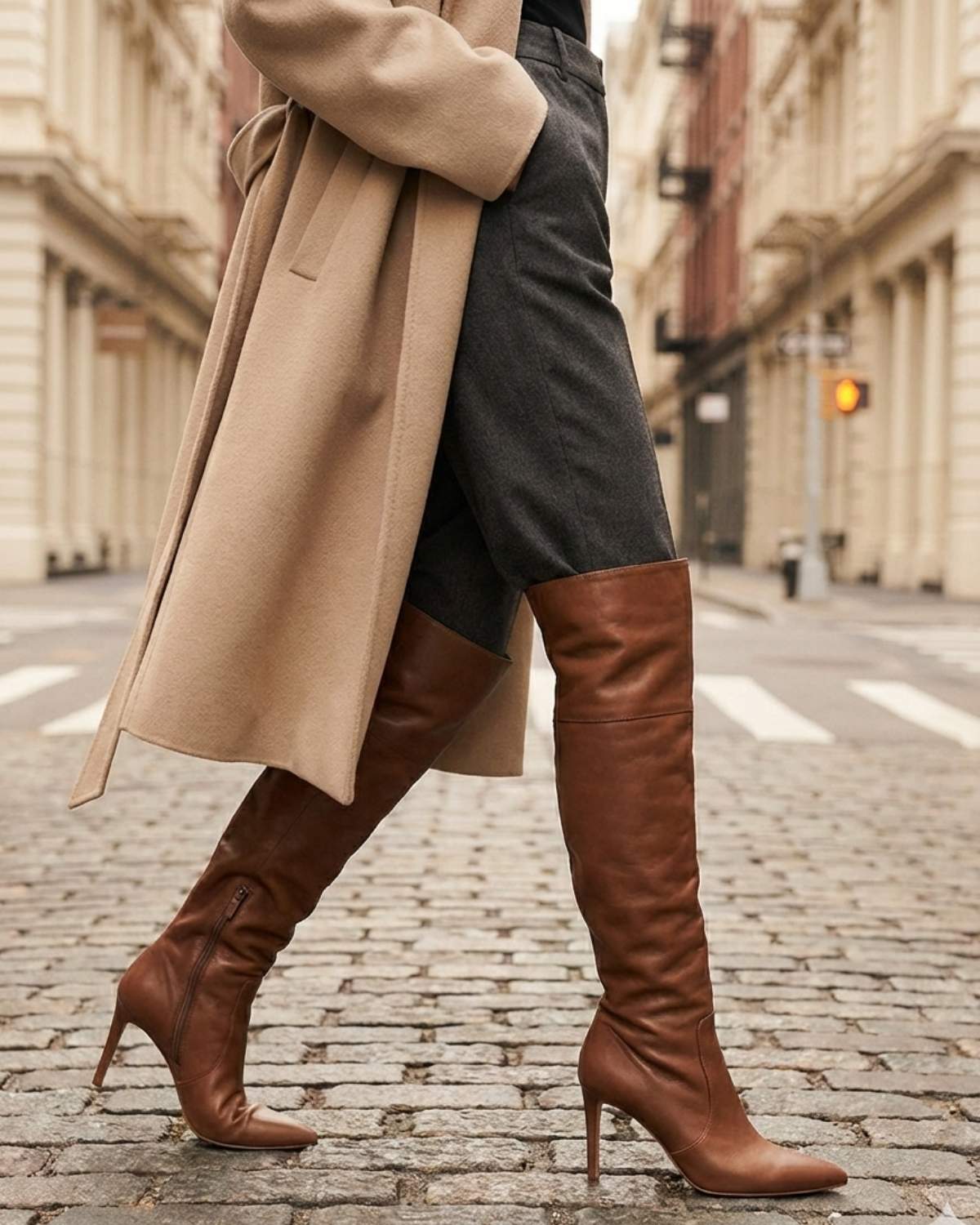 Sophisticated City Wear with Brown Leather Over-the-Knee Boots Over the Knee Boots Outfits