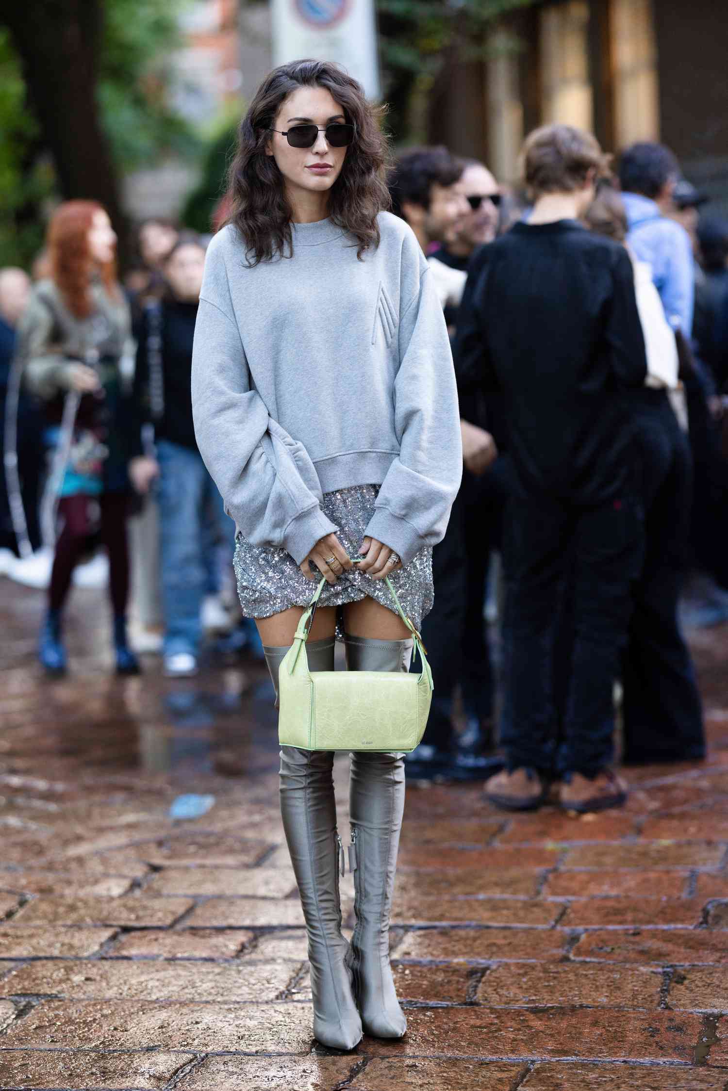 Oversized Sweatshirt Meets Sequin Mini Skirt — Early Winter Outfits