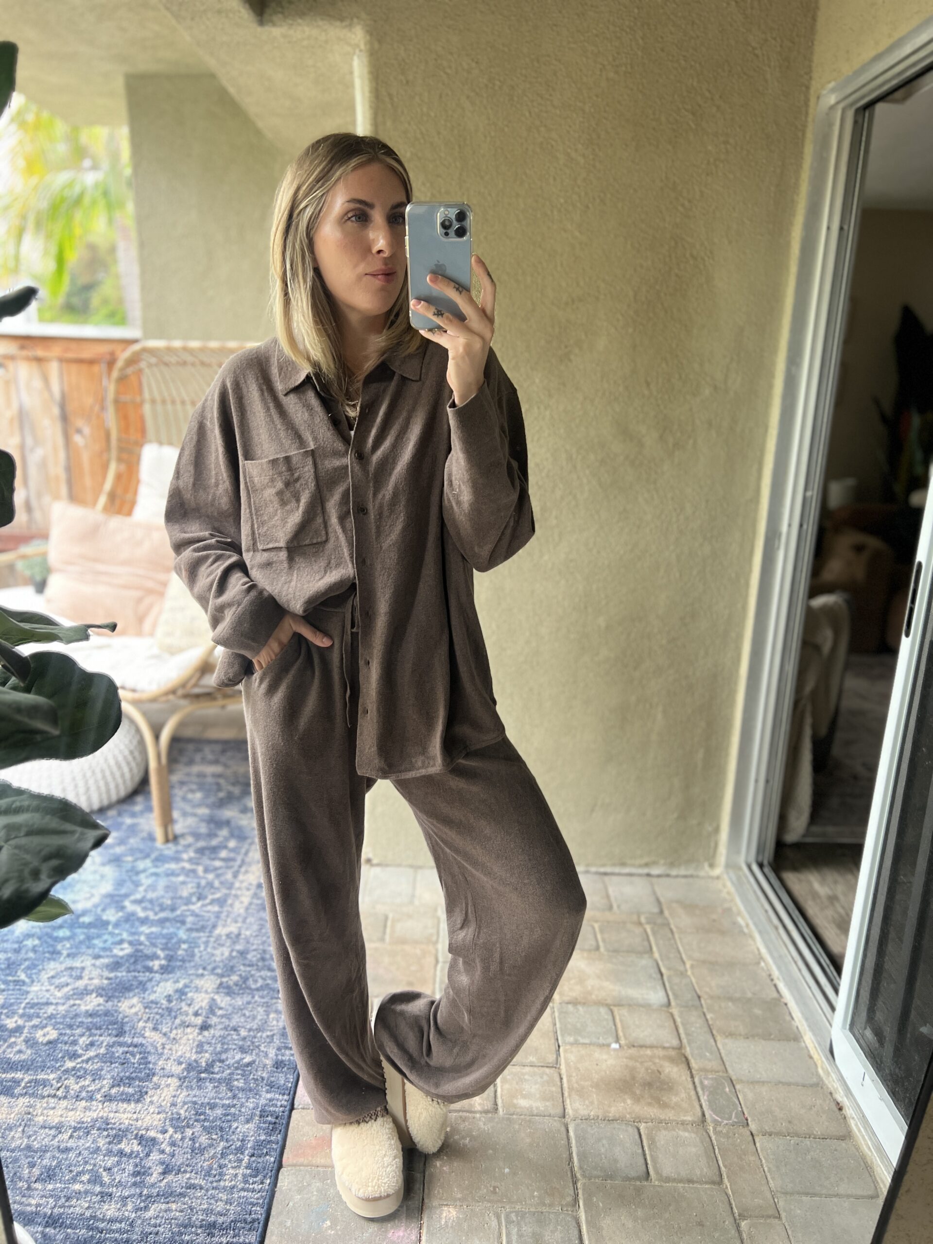 Monochromatic Brown Knit Set with Beige Ugg Slippers — Ugg Slippers Outfits