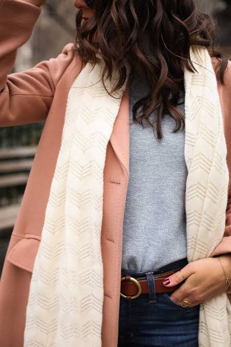 Pink Wool Coat Elevated by a Chevron Patterned Scarf — Colorful Winter Outfits