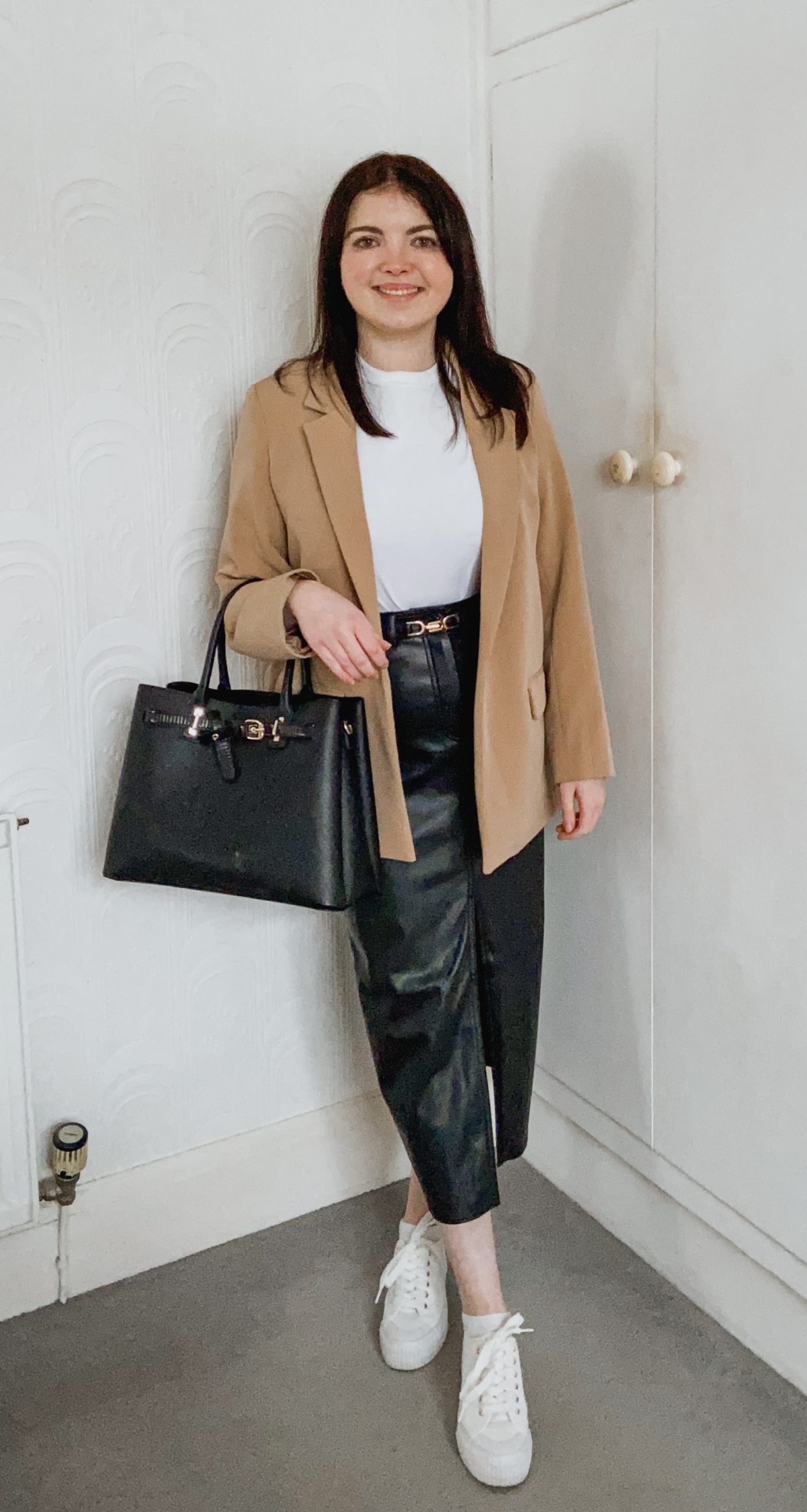 Black Leather Midi Skirt with Camel Blazer and White Sneakers Black Leather Midi Skirt with Camel Blazer and White Sneakers — Leather Skirt Outfits