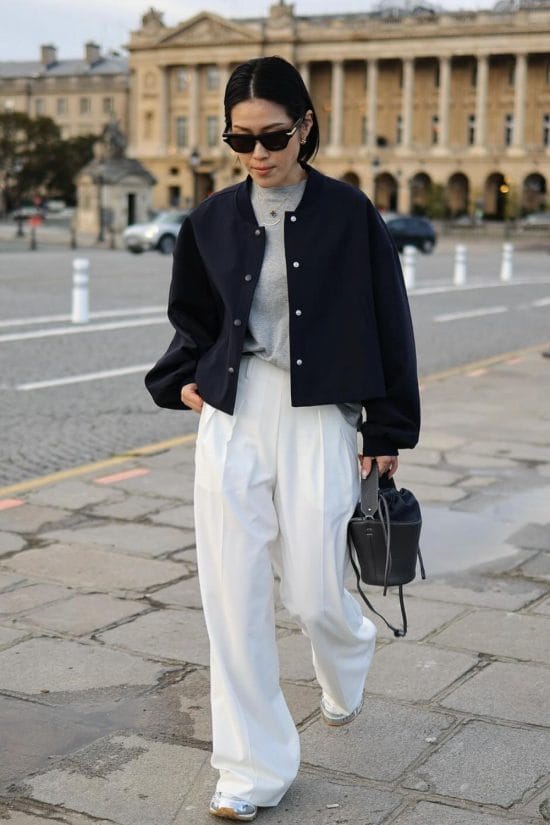 Chic Wide-Leg Trousers with a Bomber Jacket Layering — Paris Winter Outfits