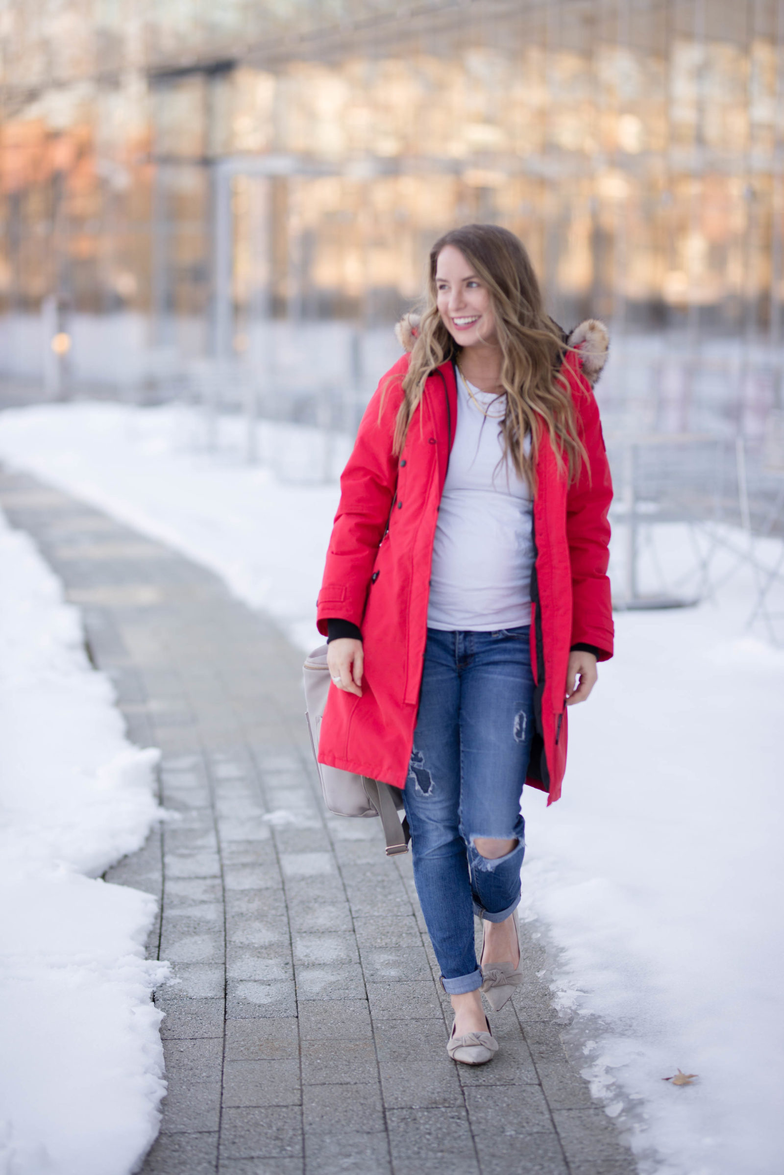 Bright Red Parka Coat for Snowy Maternity Adventures — Winter Maternity Outfits
