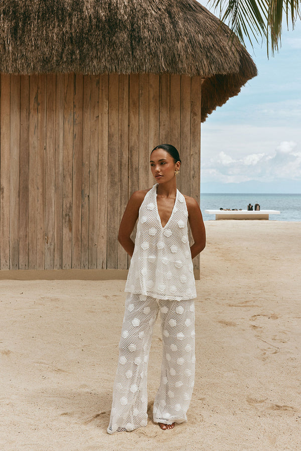 White Knit Halter Top and Wide-Leg Pants for Beach — Knit Set Outfits
