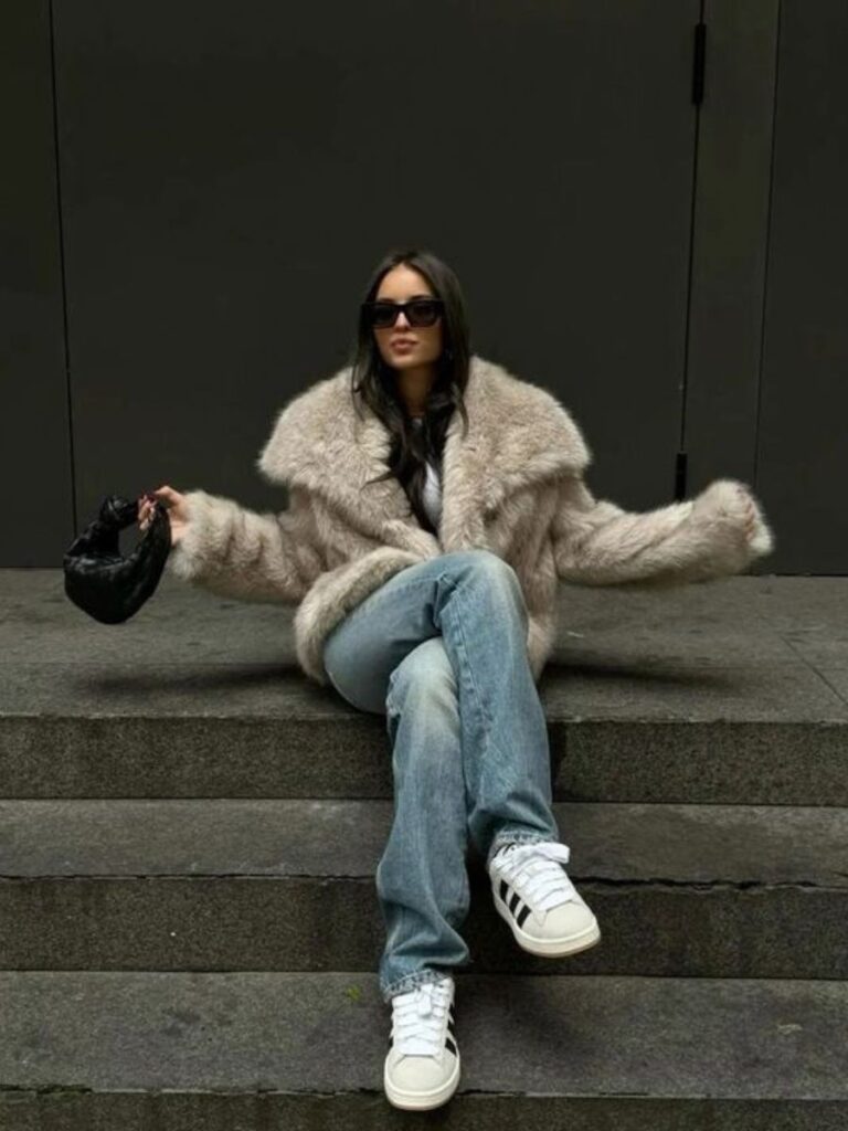 Faux Fur Statement: Grey Jacket with Denim and Sneakers — Baddie Winter Outfits