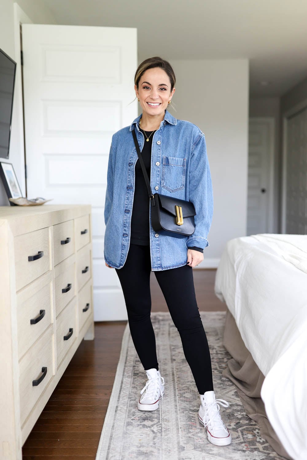 Black Leggings as Tights with an Oversized Denim Shirt Black Leggings as Tights with an Oversized Denim Shirt — Tights Outfits