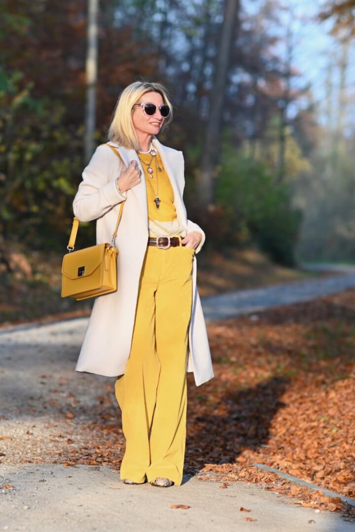 Bright Yellow Corduroy Set with a White Long Coat — Early Winter Outfits