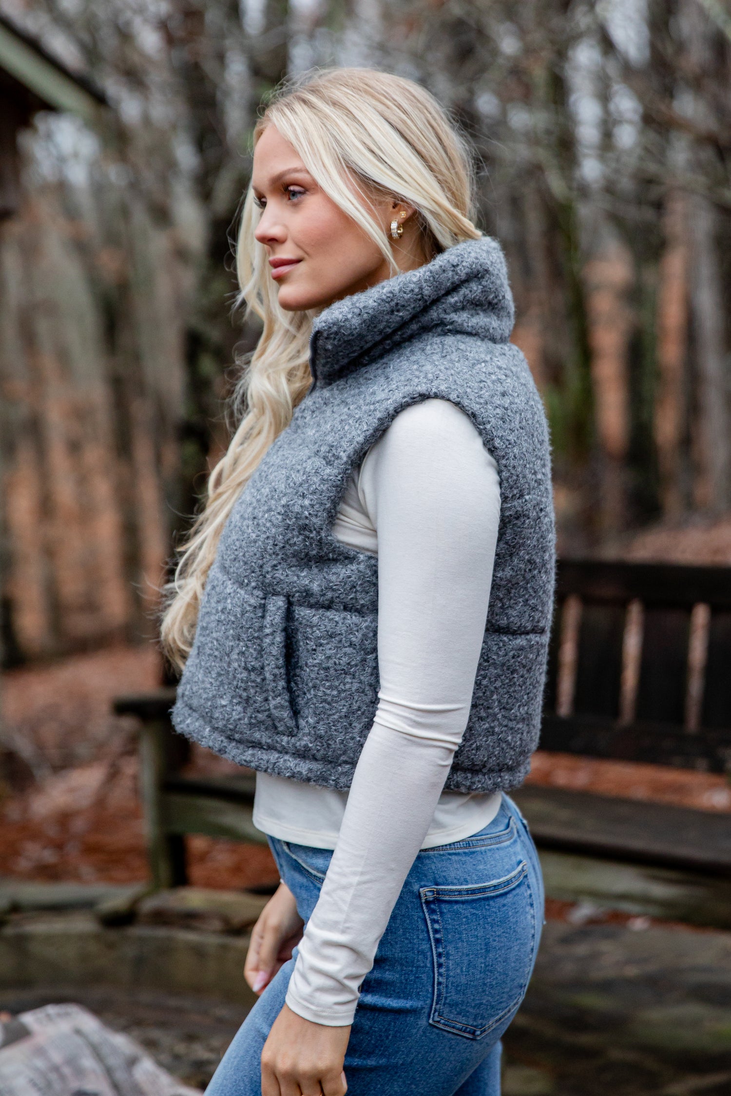 Grey Cream Blue Outfit Idea Grey Cream Blue Outfit Idea — Puffer Vest Outfits
