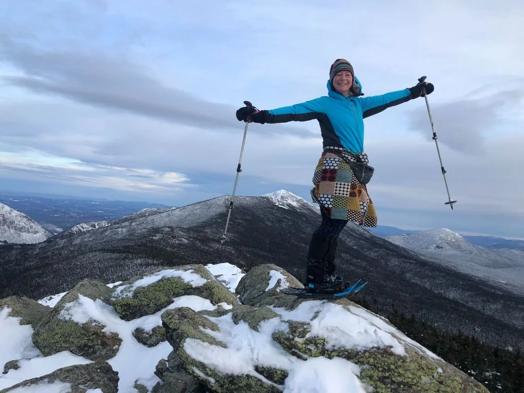 Blue Jacket and Patchwork Skirt for Unique Winter Hiking Style Blue Jacket and Patchwork Skirt for Unique Winter Hiking Style — Winter Hiking Outfits