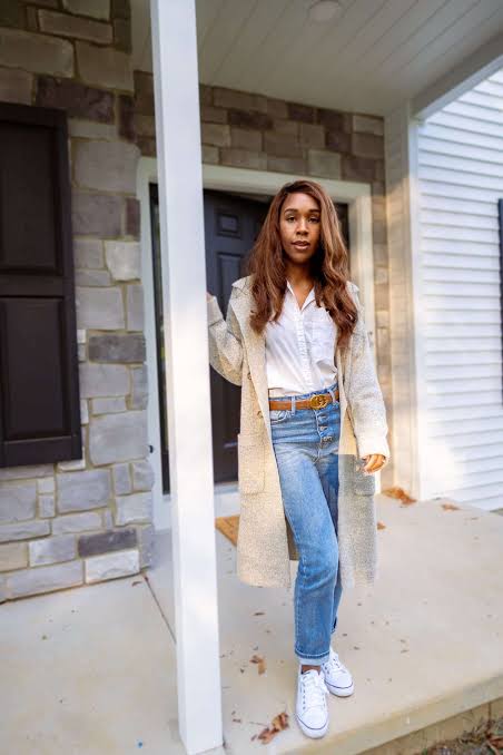 Textured Grey Marl Cardigan with Button-Down and Straight Jeans — Cardigan Outfits