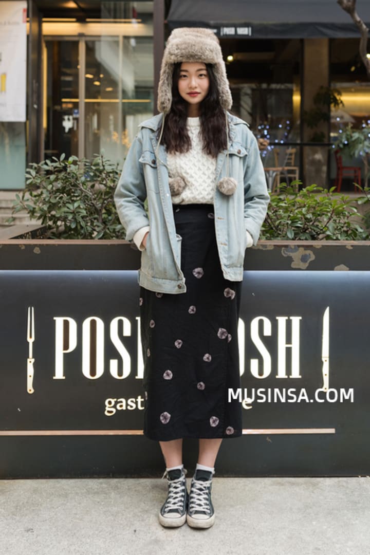 Denim Jacket Layered Over Knit Sweater with Floral Skirt — Korean Winter Outfits